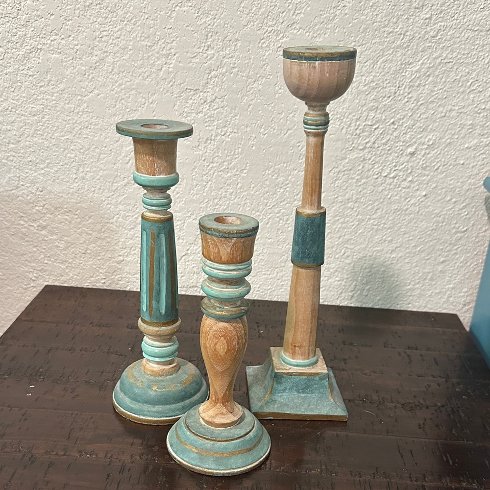 Rustic Wooden 3 Candle Holders - Teal and Natural Finish